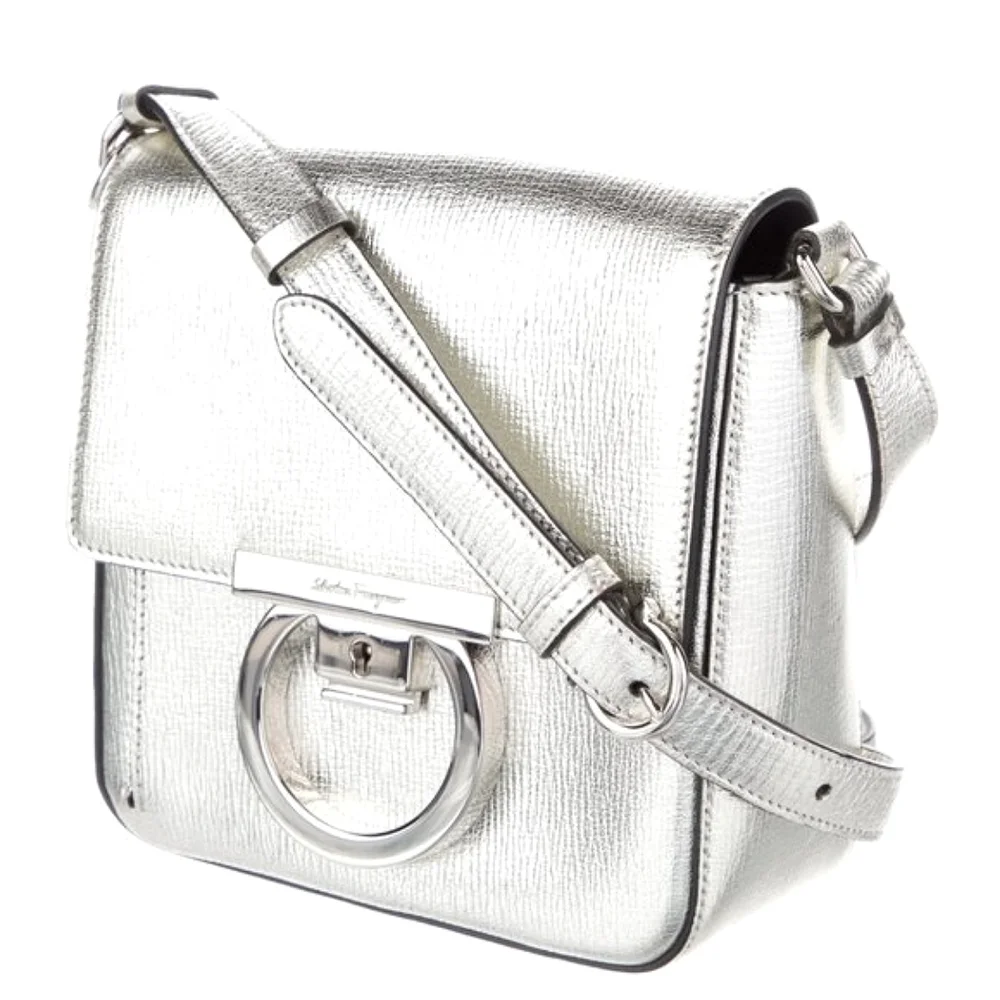 Salvatore Ferragamo Metallic Silver Leather Shoulder Grancini Flap Mini …